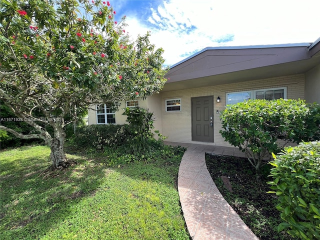 view of exterior entry featuring a yard