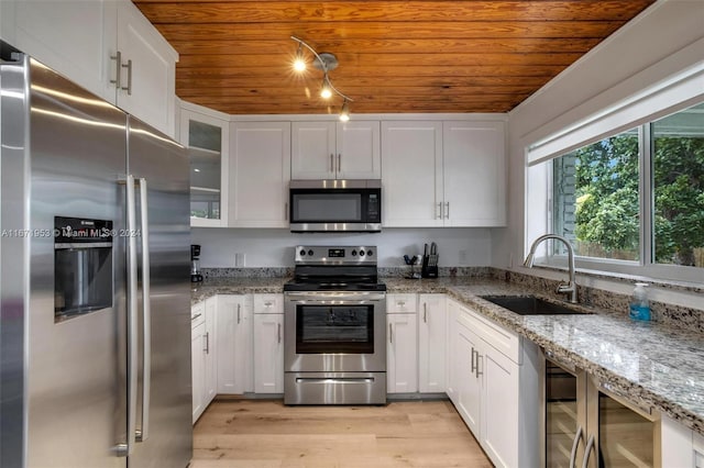 kitchen with wooden ceiling, light hardwood / wood-style flooring, sink, stainless steel appliances, and white cabinetry