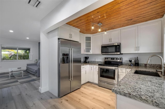 kitchen featuring white cabinets, appliances with stainless steel finishes, sink, and wooden ceiling