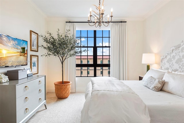 bedroom featuring crown molding, light carpet, and a chandelier