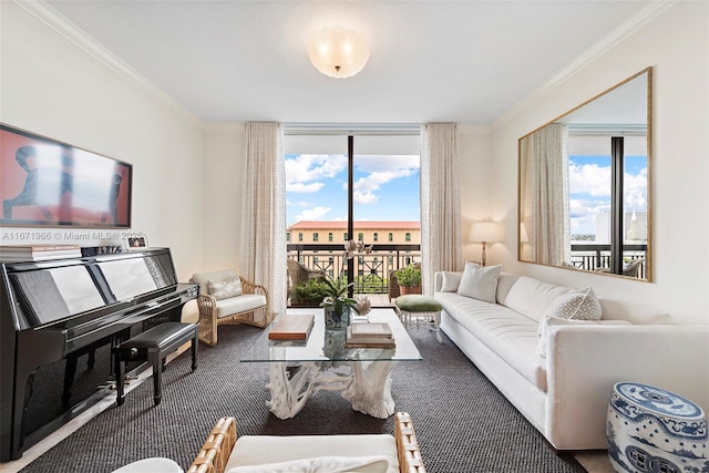 carpeted living area featuring expansive windows and ornamental molding