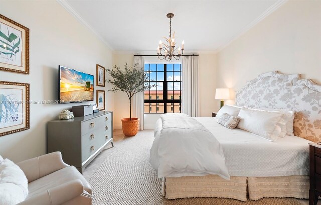 bedroom featuring an inviting chandelier, crown molding, and carpet flooring