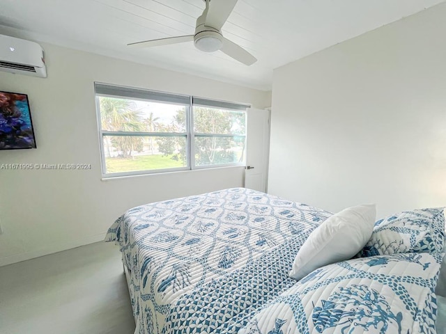 carpeted bedroom with ceiling fan and a wall unit AC