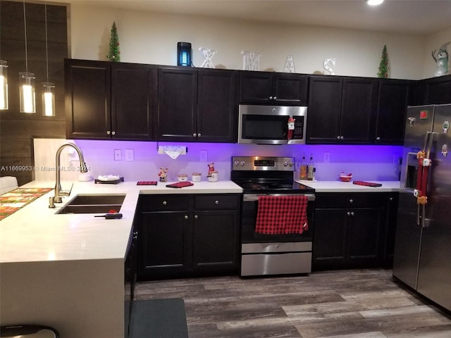 kitchen featuring stainless steel appliances, hardwood / wood-style flooring, and sink