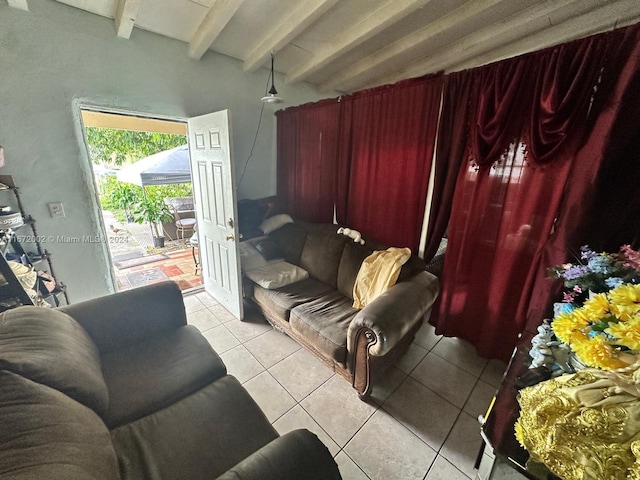 tiled living room with beam ceiling