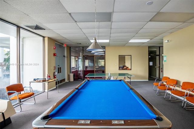 rec room featuring carpet flooring, a paneled ceiling, and pool table