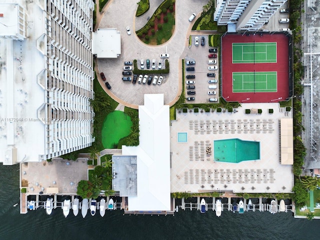 aerial view featuring a water view