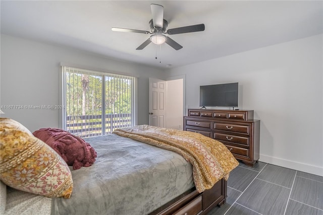 bedroom with ceiling fan and access to exterior