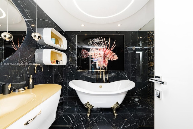 bathroom featuring a bathing tub, tile walls, and decorative backsplash