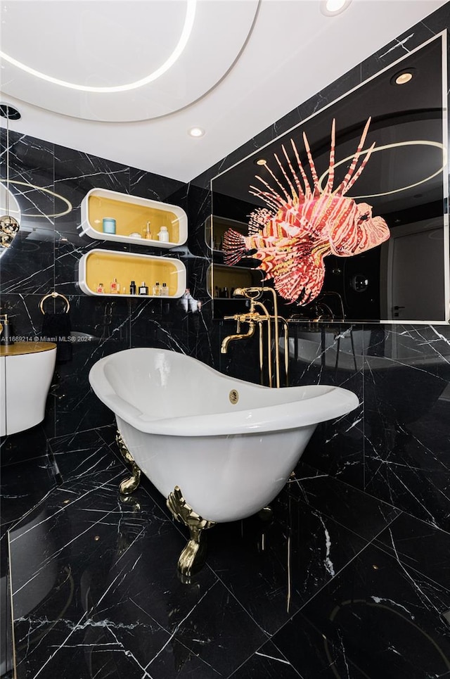 interior space featuring tile walls, a bathing tub, and toilet