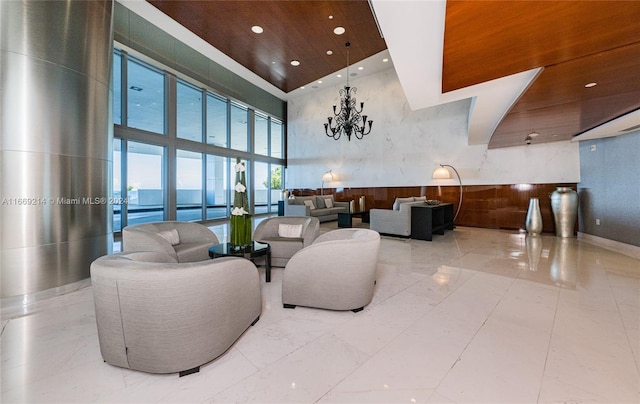 building lobby featuring a water view