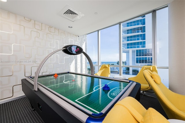 recreation room featuring a wall of windows and carpet floors