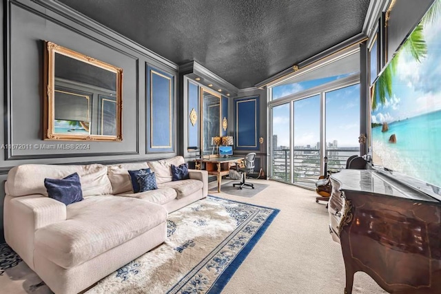 living room featuring a textured ceiling, carpet, and ornamental molding