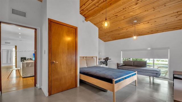 bedroom with wood ceiling, light hardwood / wood-style flooring, and high vaulted ceiling