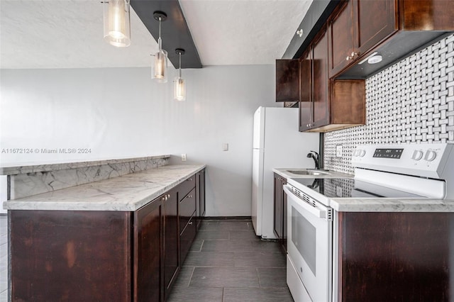 kitchen featuring light stone countertops, white stove, decorative light fixtures, dark brown cabinetry, and sink