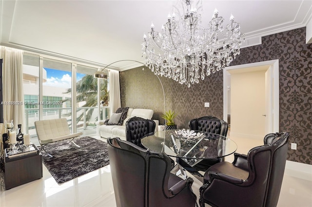 tiled dining space featuring crown molding and a chandelier