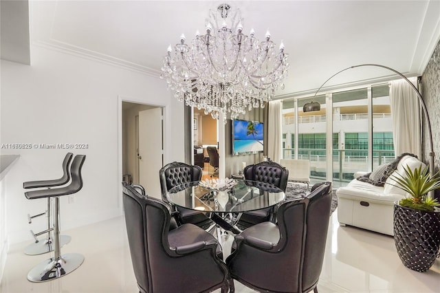 tiled dining area featuring a chandelier and ornamental molding