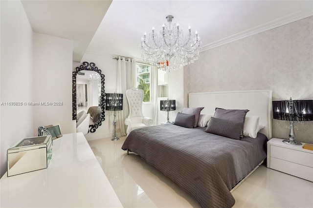 tiled bedroom with ornamental molding and an inviting chandelier