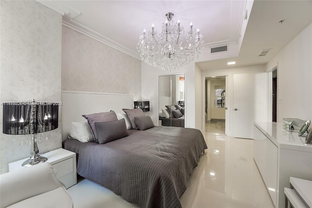 tiled bedroom with a notable chandelier and crown molding