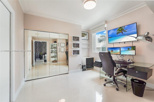 tiled office featuring crown molding