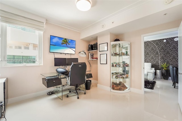 tiled office featuring ornamental molding