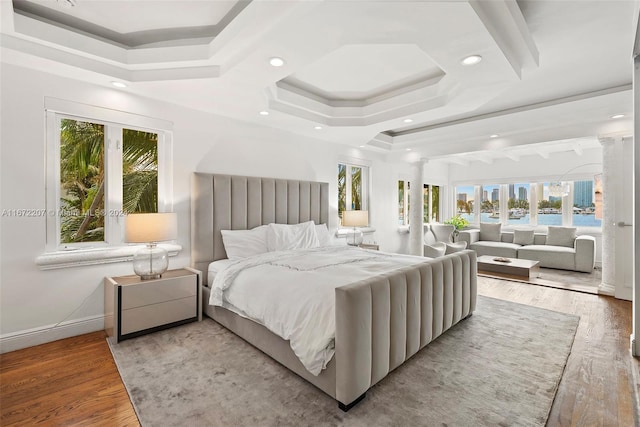 bedroom featuring light wood-type flooring, a raised ceiling, and multiple windows