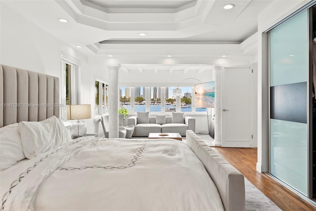 bedroom featuring a tray ceiling and light wood-type flooring