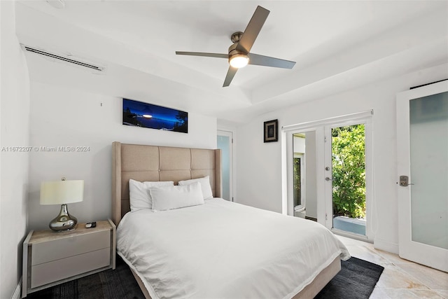 bedroom featuring access to outside and ceiling fan