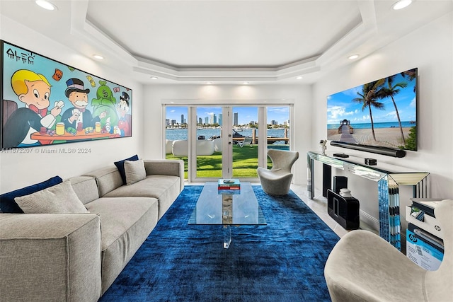 living room with a tray ceiling