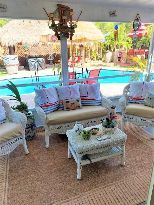 view of swimming pool featuring a patio