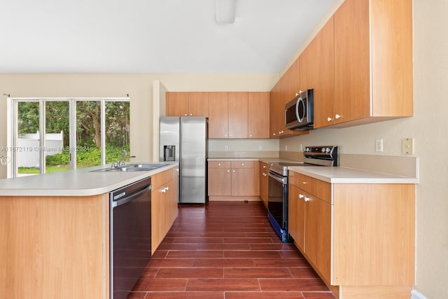 kitchen with black appliances, dark hardwood / wood-style floors, and sink