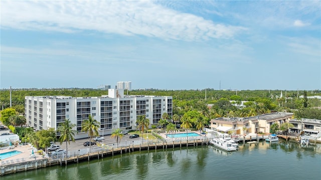 drone / aerial view featuring a water view