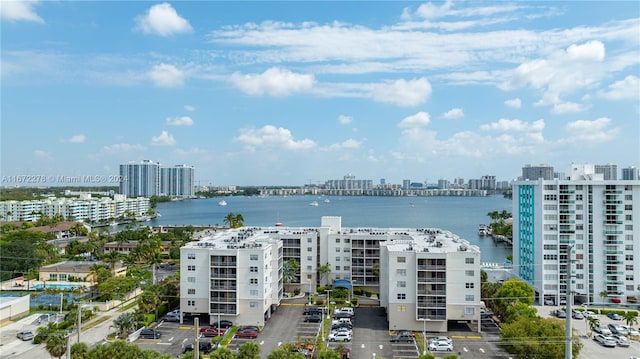 birds eye view of property featuring a water view