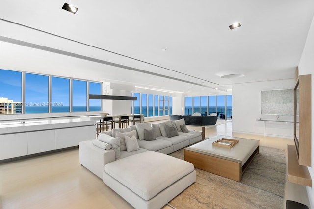 living room featuring a water view