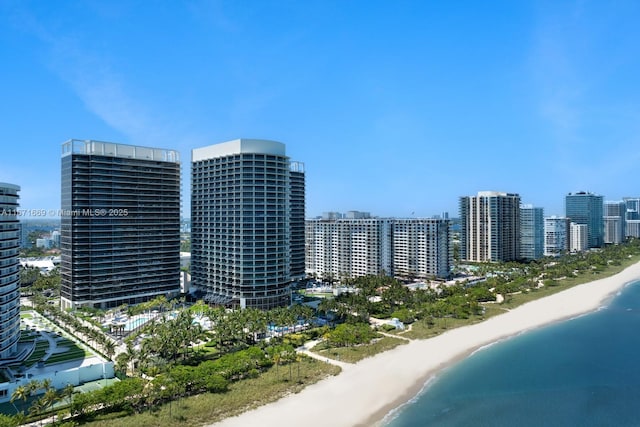 aerial view featuring a view of the beach and a water view