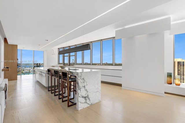 kitchen featuring white cabinets, a spacious island, light stone countertops, and a breakfast bar area