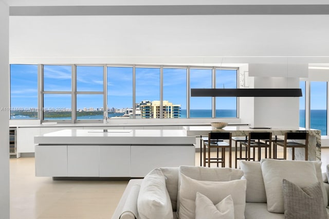 living room featuring a water view and beverage cooler