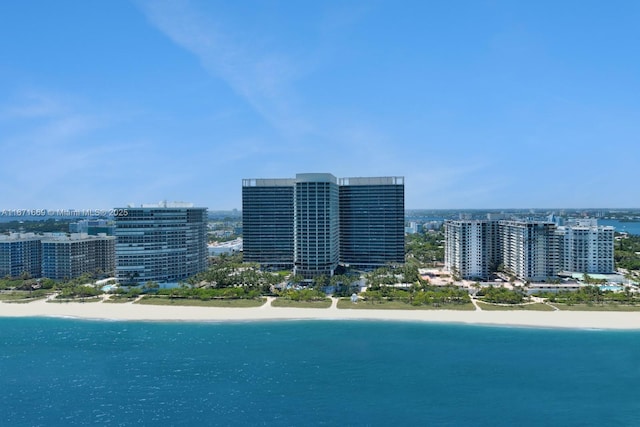 bird's eye view with a beach view and a water view