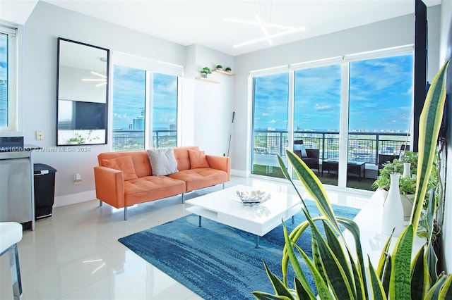 living room featuring light tile patterned floors