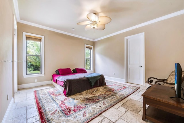 bedroom with multiple windows, crown molding, and ceiling fan