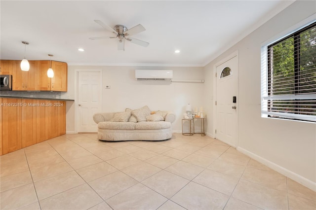 unfurnished living room featuring crown molding, light tile patterned flooring, a wall mounted air conditioner, and ceiling fan