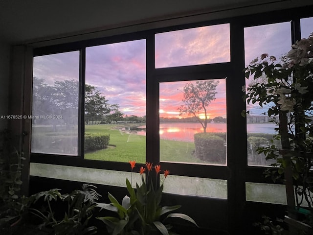 interior details with a water view