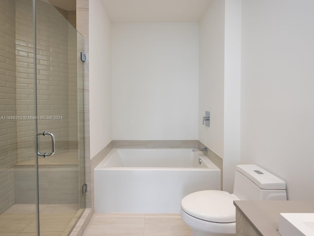 full bathroom featuring plus walk in shower, tile patterned flooring, vanity, and toilet