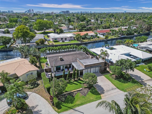 bird's eye view with a water view