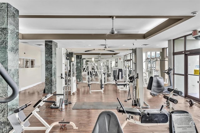 gym with wood-type flooring and a raised ceiling