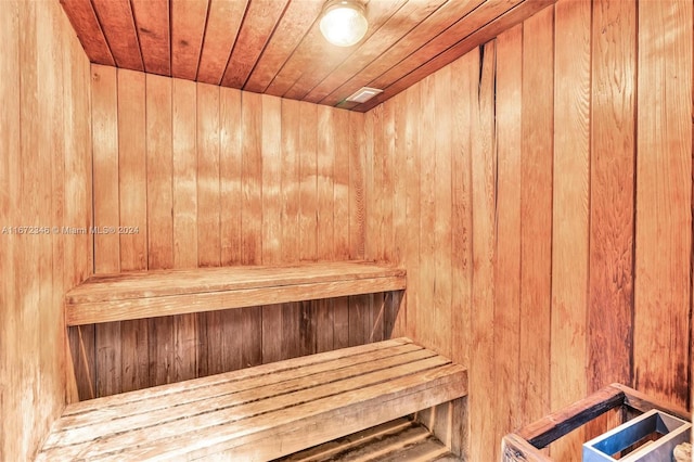 view of sauna / steam room featuring wood walls and wooden ceiling