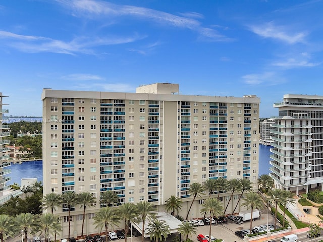 view of building exterior with a water view