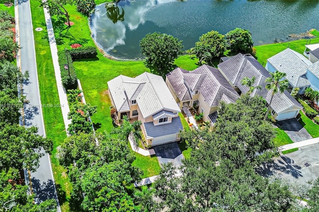 drone / aerial view featuring a water view