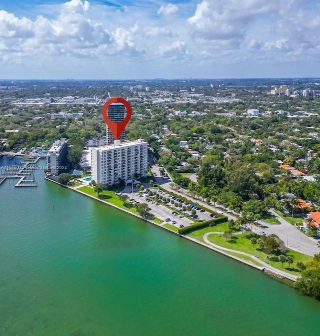 drone / aerial view featuring a water view