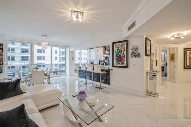 tiled living room with floor to ceiling windows and crown molding